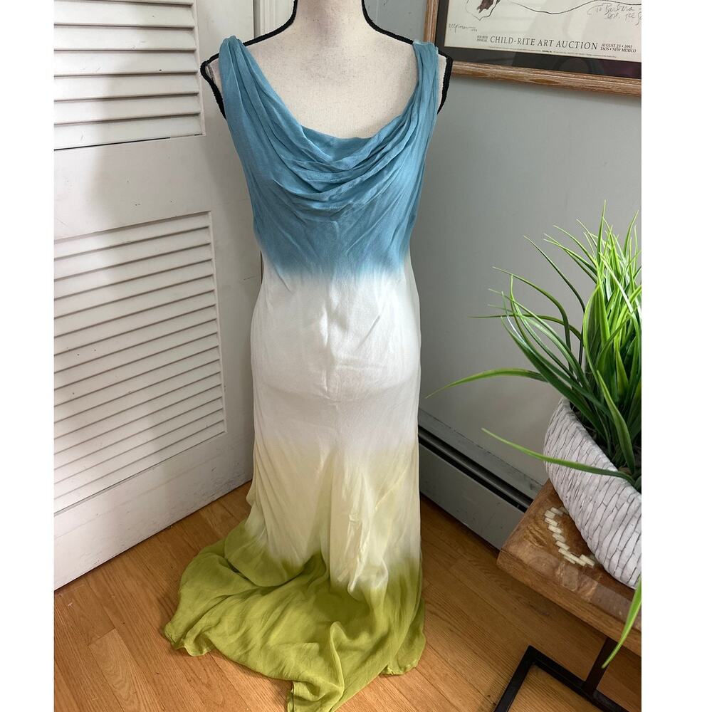 Vintage Newport News Dress 14 Blue Green Ombre Maxi Cowl Neck Y2K Fairy Grunge